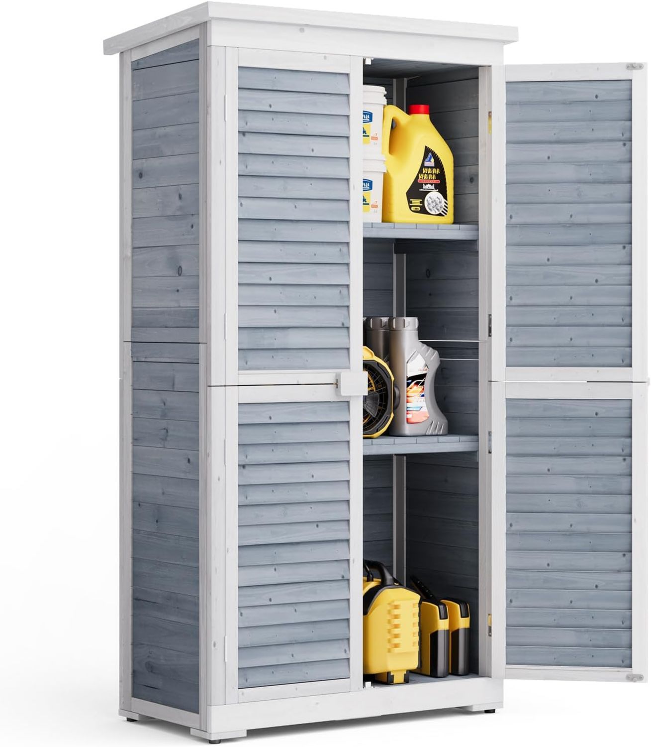 Armadio da Giardino in 160 cm Resistente agli Agenti Atmosferici con Tetto Inclinato e Dispositivo Bloccabile 87 x 46.5 x 160.5 Legno Grigio per Attrezzi Esterno cm