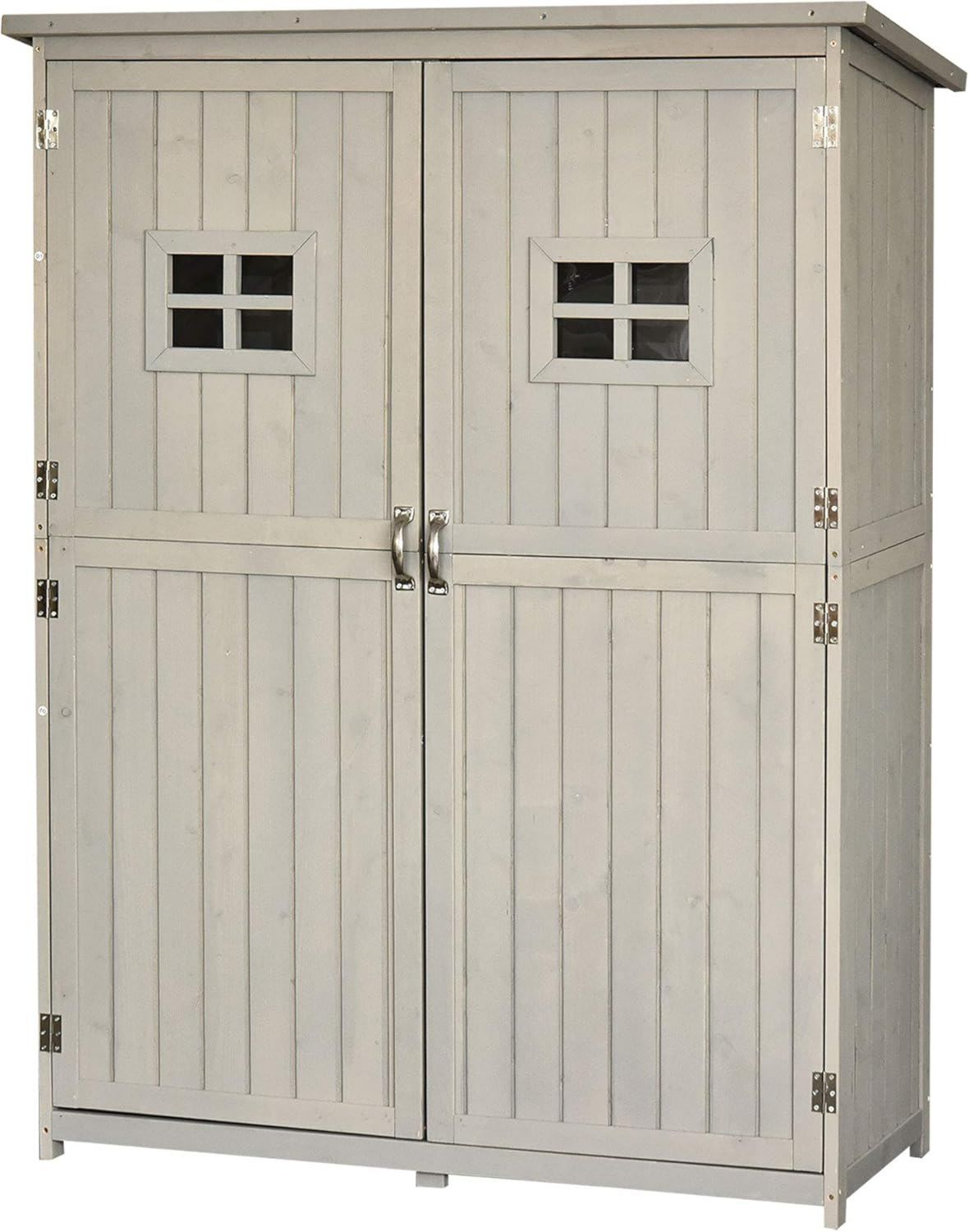 Outsunny Casetta da Giardino in Legno di Abete con Porta Doppia Capanno Attrezzi con Mensole e Finestre 127.5x50x164cm Grigio Chiaro