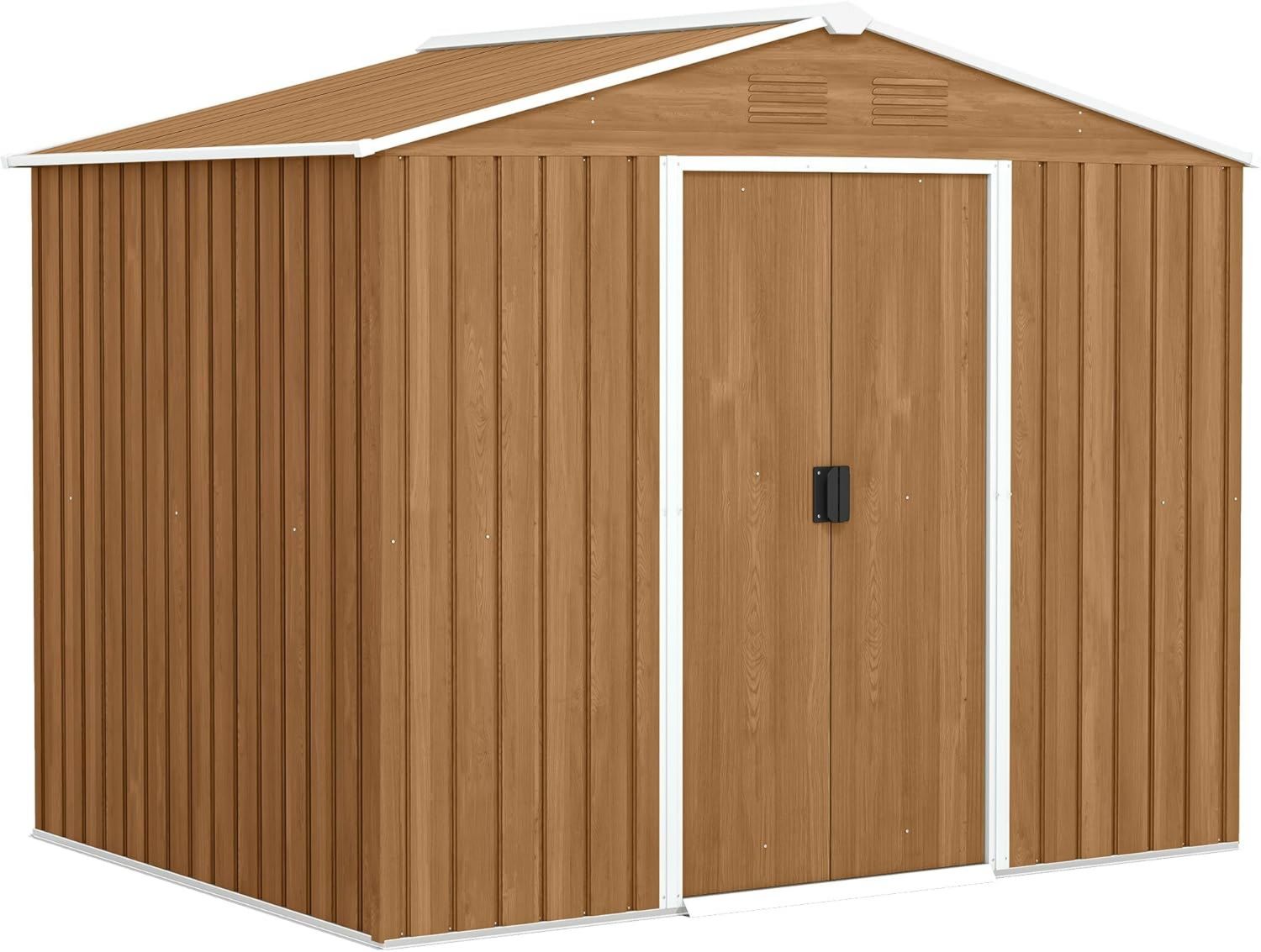 Outsunny Casetta da Giardino 3.6m² Capanno Marrone Scuro Effetto Legno Acciaio Zincato Prese d Aria Doppia Porta Scorrevole Bloccabile Tetto Inclinato Capanno Porta Attrezzi