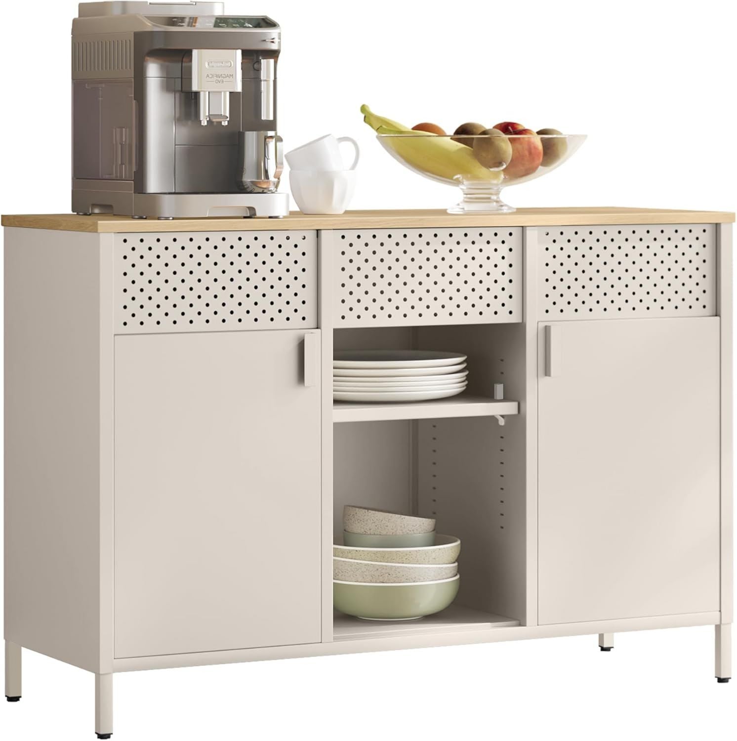 Contenitore SONGMICS Mobiletto Credenza in Metallo Doppia Anta in Acciaio 40 80 76 cm Beige Naturale e Nuvola LSC102W57 con Chiusura Magnetica Ripiani Regolabili Struttura x x Bianco