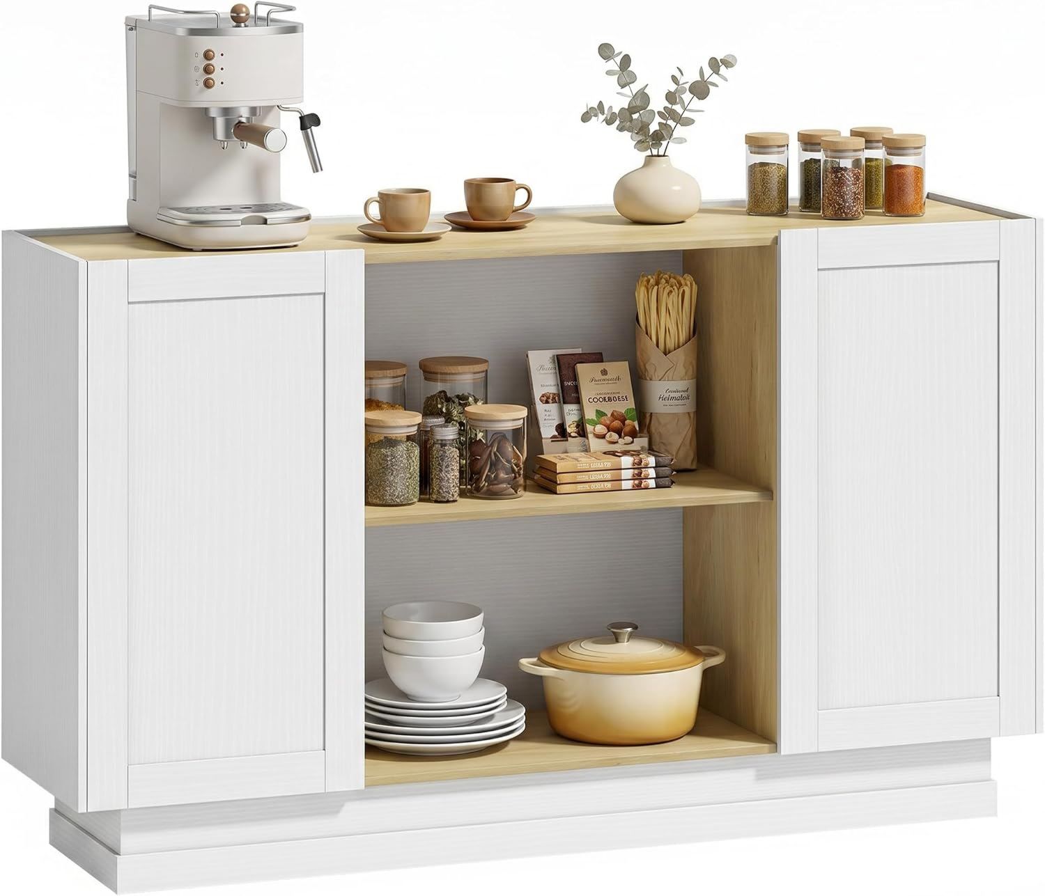 Credenza HOMCOM Cucina cm Effetto Naturale e Rustica Mobile Cucina 2 Ripiani Aperti 2 Armadietti Ante Soft Close 133 x 35 x 79.7 Legno Bianco per Sala da Pranzo Soggiorno