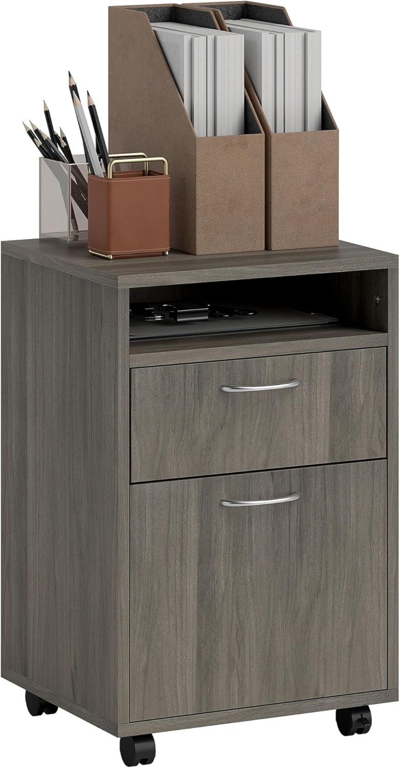 Armadietto HOMCOM Schedario da Ufficio con Cassetto e Ruote a Freno con Armadietto e Ripiano Aperto Cassettiera Ufficio 40 x 35 x 60 Grigio per Lettera Legale Formato A4 Armadio Verticale per Studio cm